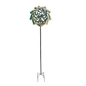 Teal and Yellow Finish Dual Flower Metal Wind Spinner Garden Stake 70 Inches